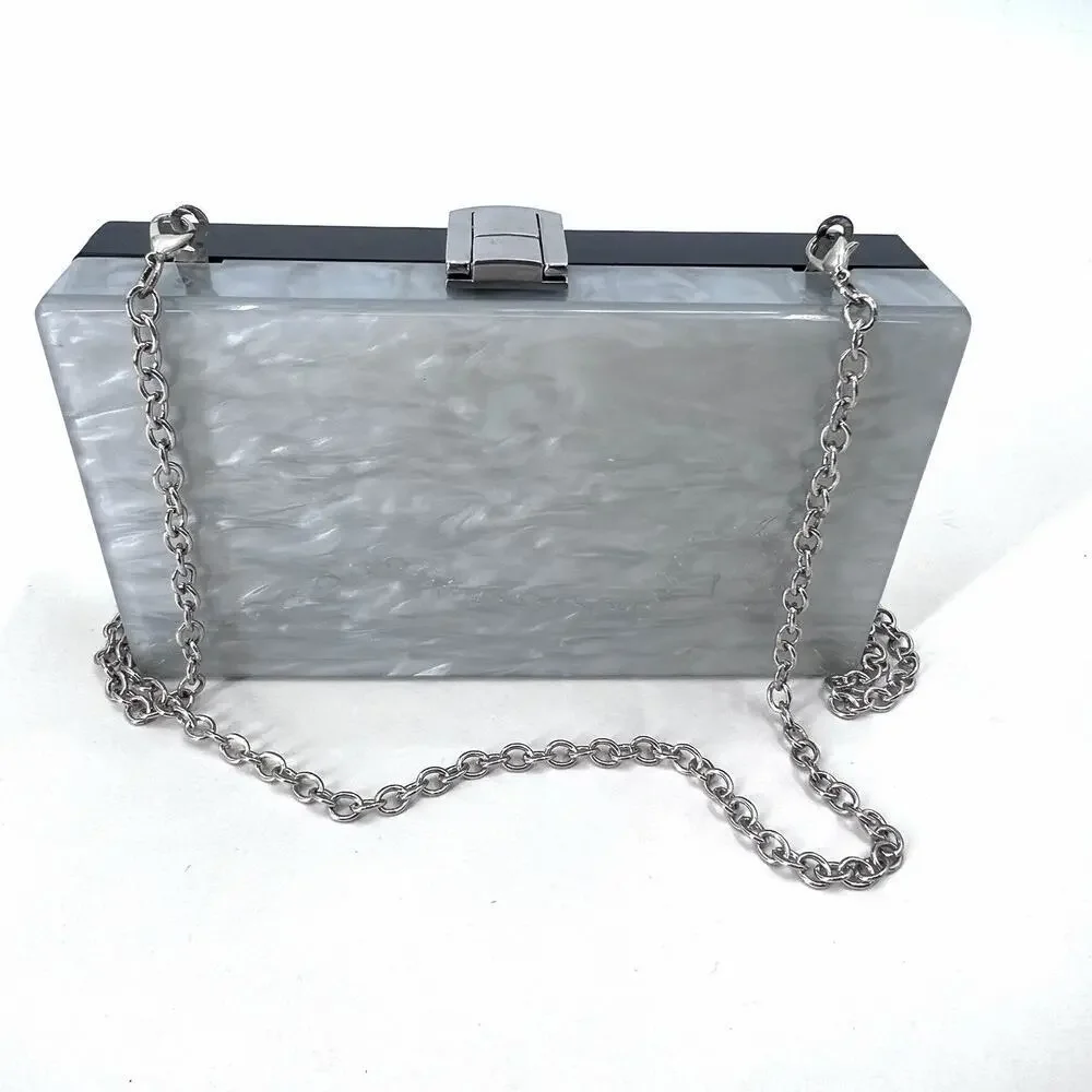 Kate Landry Silver & Black Pearly Lucite Box Clutch Cross Body Evening Handbag